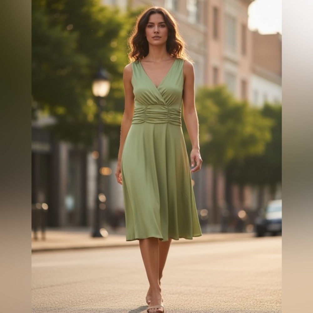 Patra  Vintage Martini Olive Green Dreamy  Satin Flowy skirt Midi Dress size 10
